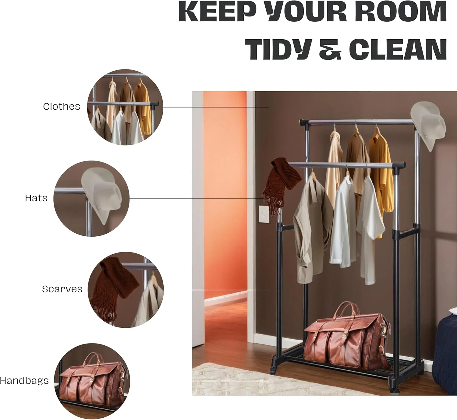 رگال لباس دو طبقه چند منظوره WT-EASYCARE، ریل لباس سنگین | رگال لباس دو میله ای + چرخ با قفسه زیرین برای کفش، کت و شلوار، بلیزر | رگال آویز لباس تاشو قابل حمل رگال لباس دو طبقه چند منظوره WT-EASYCARE، ریل لباس سنگین | رگال لباس دو میله ای + چرخ با قفسه زیرین برای کفش، کت و شلوار، بلیزر | رگال آویز لباس تاشو قابل حمل