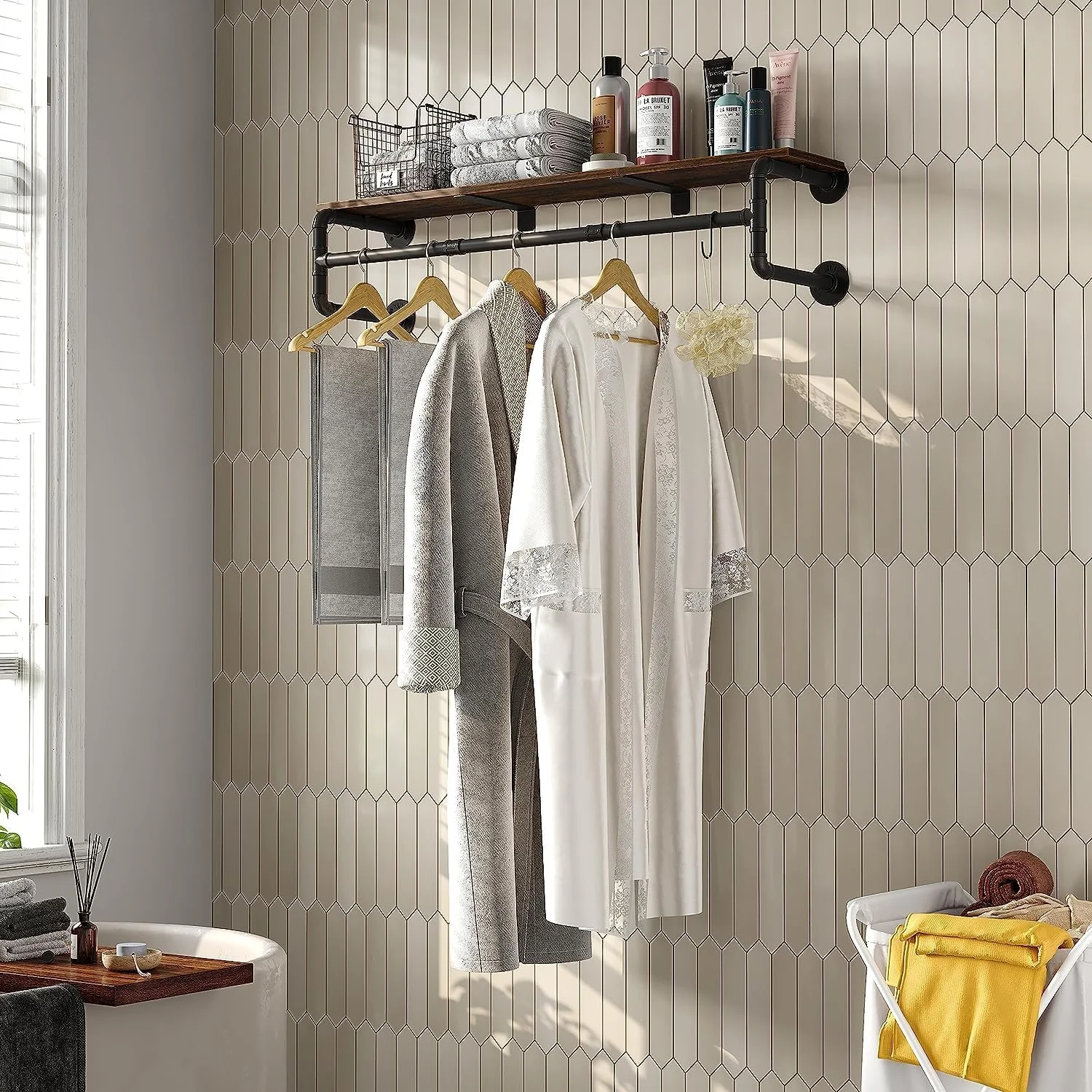 ریل لباس دیواری ybaymy با قفسه، رخت آویز لوله صنعتی، میله آویز لباس دیواری برای صرفه جویی در فضا، میله آویز لباس برای نگهداری کمد، مشکی ریل لباس دیواری ybaymy با قفسه، رخت آویز لوله صنعتی، میله آویز لباس دیواری برای صرفه جویی در فضا، میله آویز لباس برای نگهداری کمد، مشکی