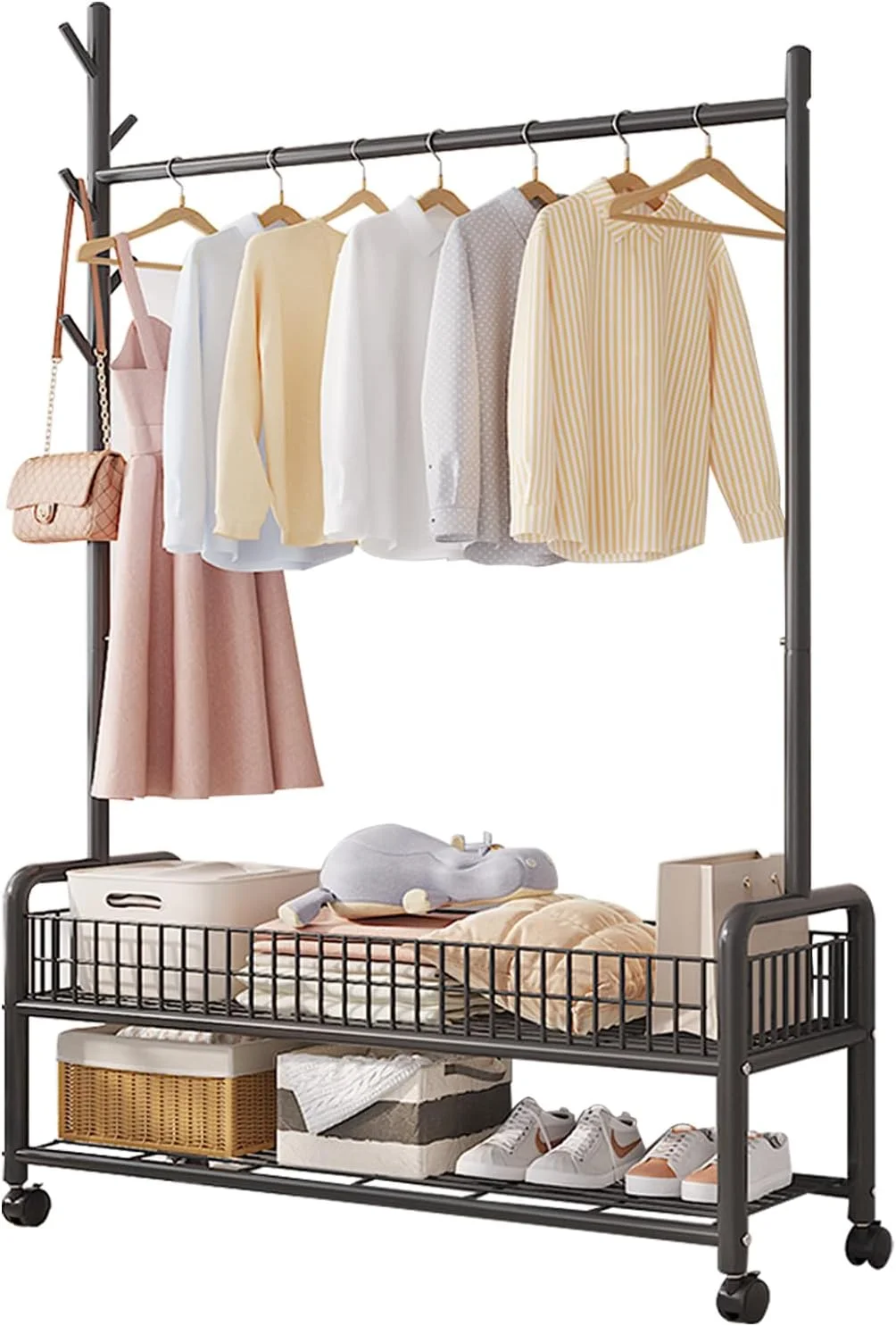 رگال لباس Yoqiren، رگال آویز لباس با قفسه های زیرین و سبد، رگال چند منظوره با چرخ رگال لباس Yoqiren، رگال آویز لباس با قفسه های زیرین و سبد، رگال چند منظوره با چرخ