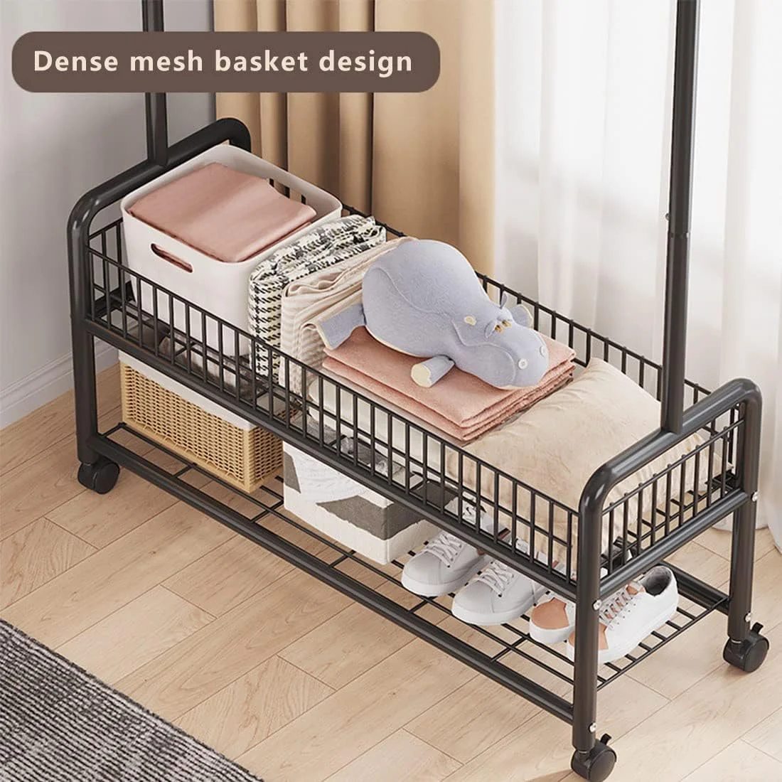 رگال لباس Yoqiren، رگال آویز لباس با قفسه های زیرین و سبد، رگال چند منظوره با چرخ رگال لباس Yoqiren، رگال آویز لباس با قفسه های زیرین و سبد، رگال چند منظوره با چرخ