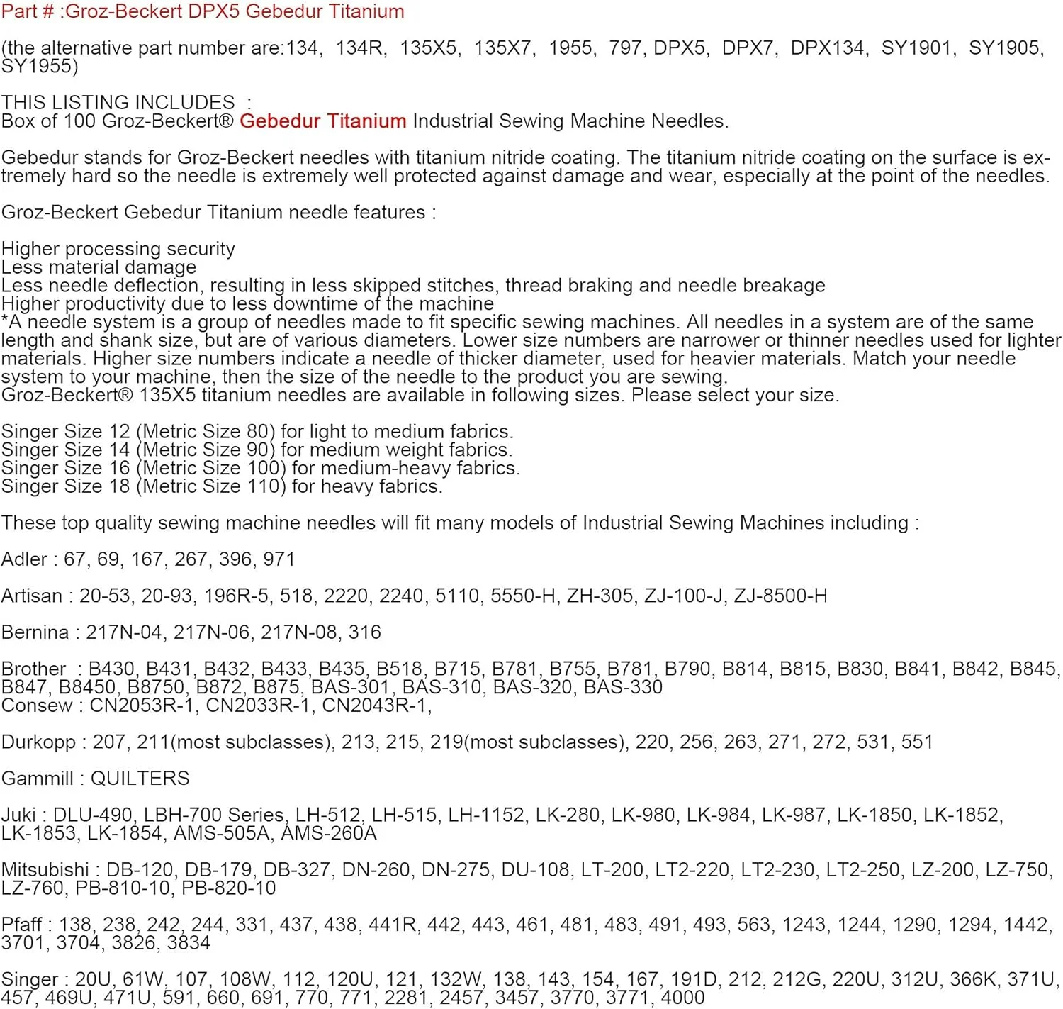 سوزن های چرخ خیاطی صنعتی گروز-بکرت تیتانیوم مدل DPX5 در جعبه پلاستیکی شفاف - 100 عدد سوزن گروز-بکرت 134 135X5 DPX5 SY1955 (12/80) سوزن های چرخ خیاطی صنعتی گروز-بکرت تیتانیوم مدل DPX5 در جعبه پلاستیکی شفاف - 100 عدد سوزن گروز-بکرت 134 135X5 DPX5 SY1955 (12/80)