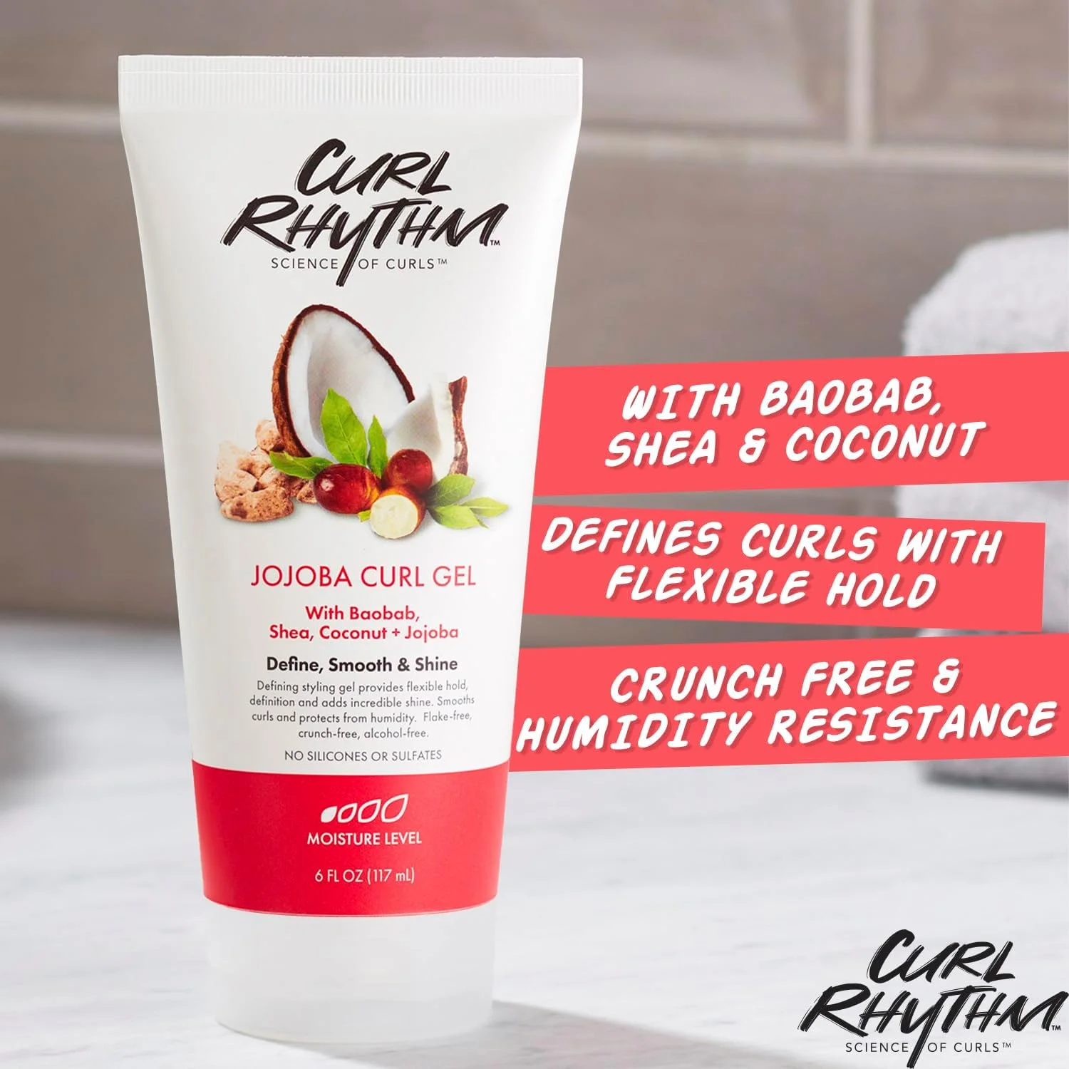 ژل موی فر جوجوبا Curl Rhythm - ژل حالت دهنده مو برای فرهای فنری و مغذی - ژل حالت دهنده موی فر با شی باتر و نارگیل - بدون سولفات - 177 میلی لیتر