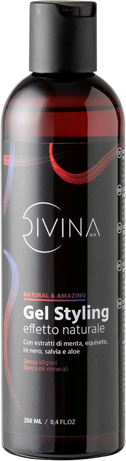 ژل حالت دهنده فوق العاده قوی موهای فر DIVINA BLK با عصاره های طبیعی نعناع، دم اسب، چای سیاه، مریم گلی و آلوئه ورا (250 میلی لیتر)