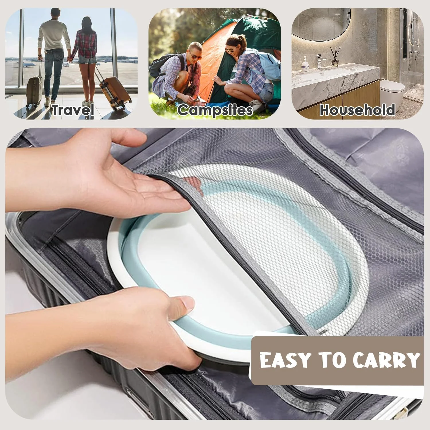 لگن تاشو، لگن پلاستیکی قابل حمل، لگن چند منظوره مسافرتی برای شستشوی ظروف، میوه و سبزیجات، لباس، پیاده روی، آبی، بزرگ