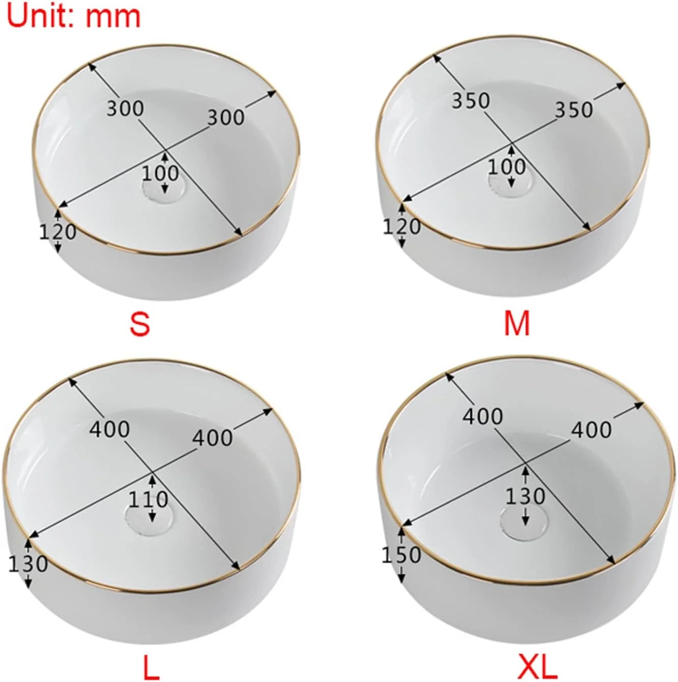 روشویی سرویس بهداشتی، روشویی سرامیکی گرد سفید و زیبا، کاسه روشویی چینی برای هتل، واحد روشویی با تخلیه پاپ آپ و تزئینات لبه طلایی