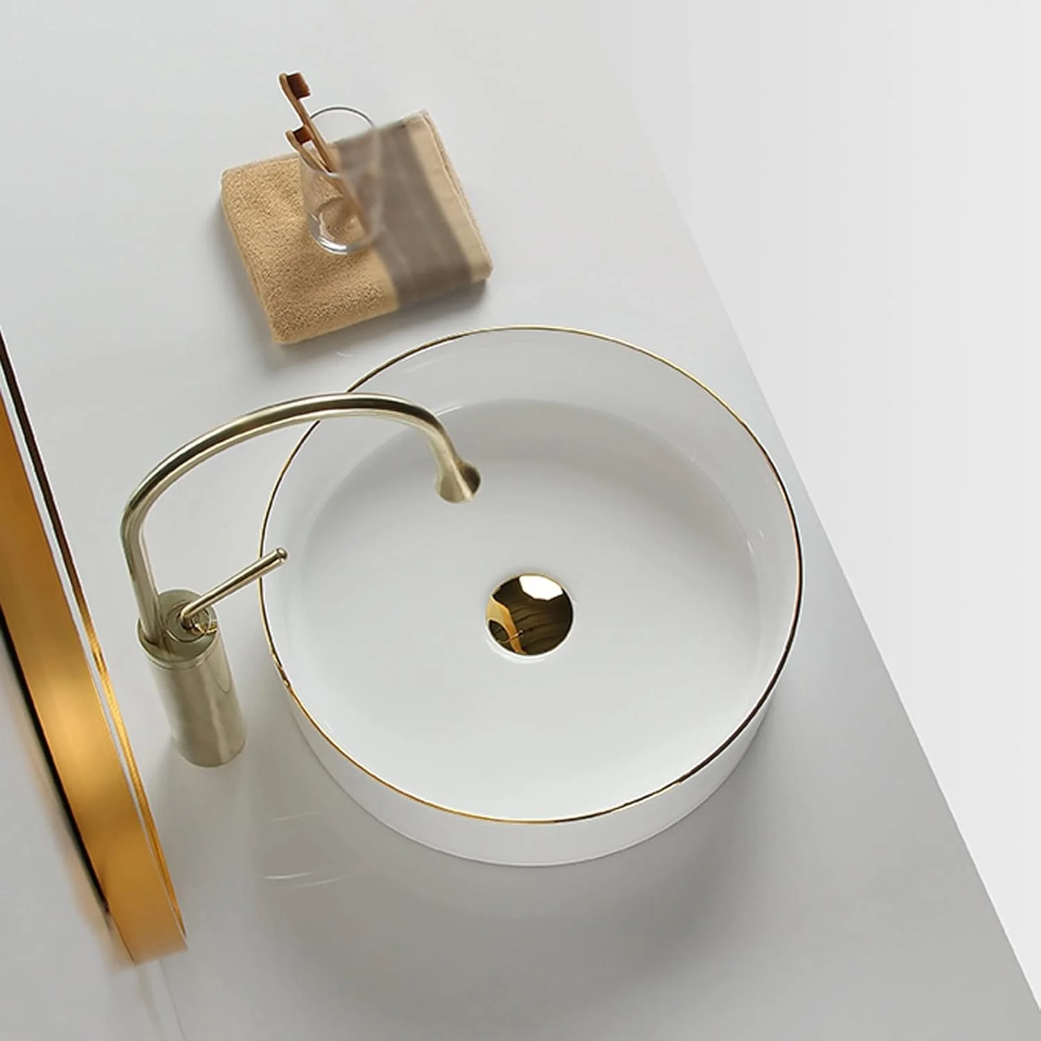 روشویی سرویس بهداشتی، روشویی سرامیکی گرد سفید و زیبا، کاسه روشویی چینی برای هتل، واحد روشویی با تخلیه پاپ آپ و تزئینات لبه طلایی