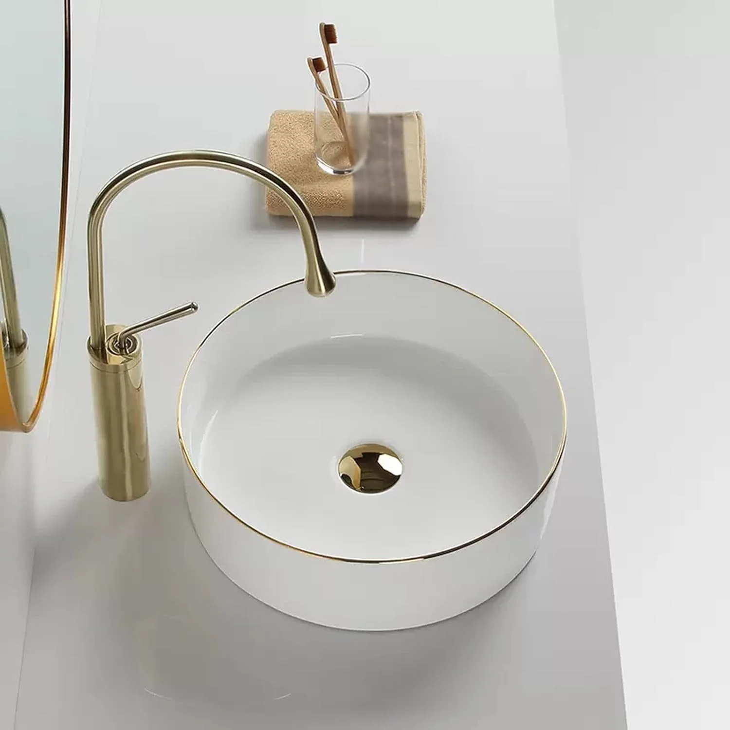 روشویی سرویس بهداشتی، روشویی سرامیکی گرد سفید و زیبا، کاسه روشویی چینی برای هتل، واحد روشویی با تخلیه پاپ آپ و تزئینات لبه طلایی
