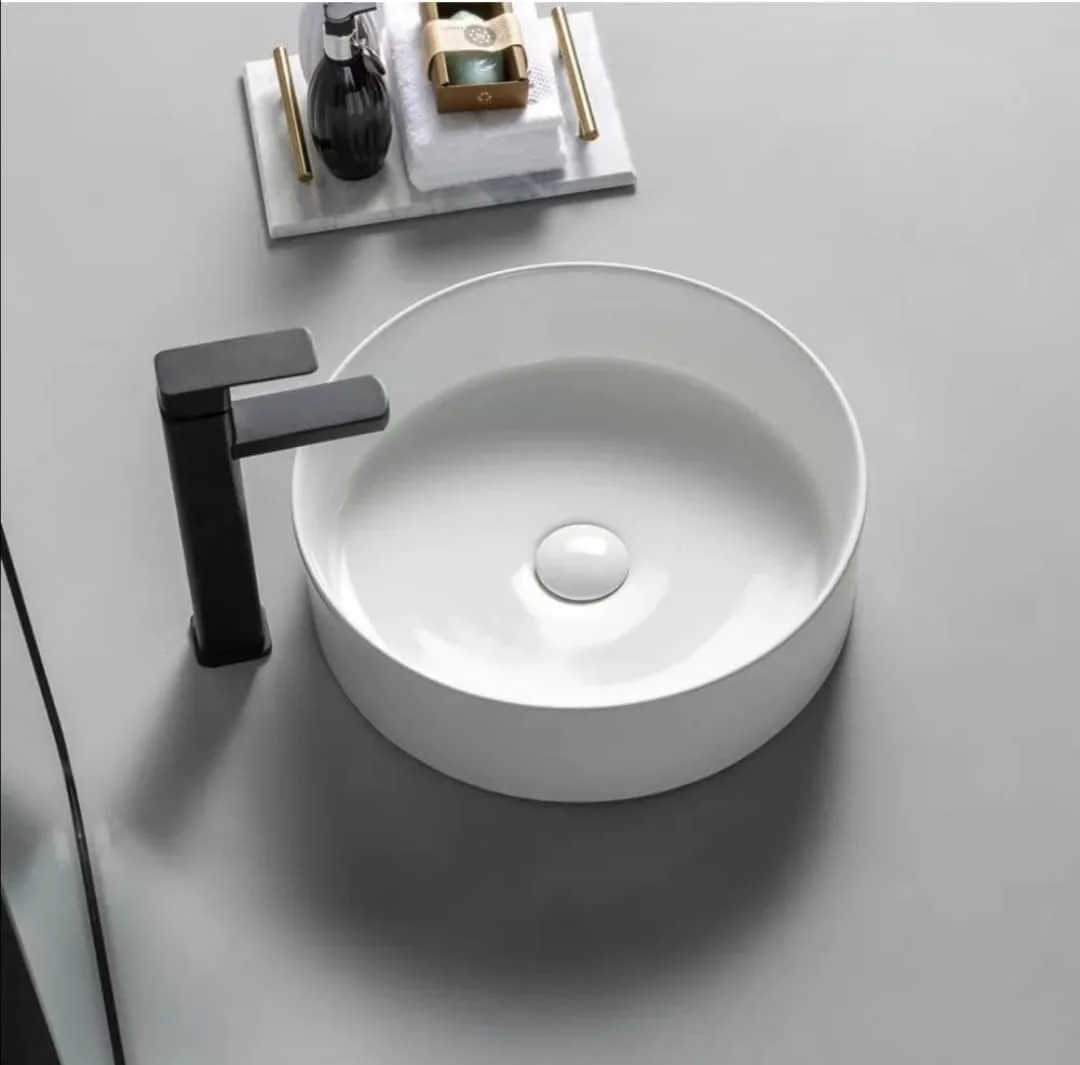 روشویی گرد ریمننس مناسب روی کابینت | سینک سرامیکی رومیزی حمام | روشویی روکار | سفید، 32x32x13 سانتی متر