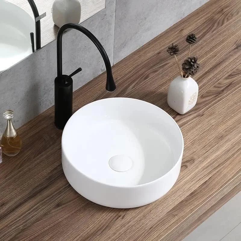 روشویی گرد ریمننس مناسب روی کابینت | سینک سرامیکی رومیزی حمام | روشویی روکار | سفید، 32x32x13 سانتی متر