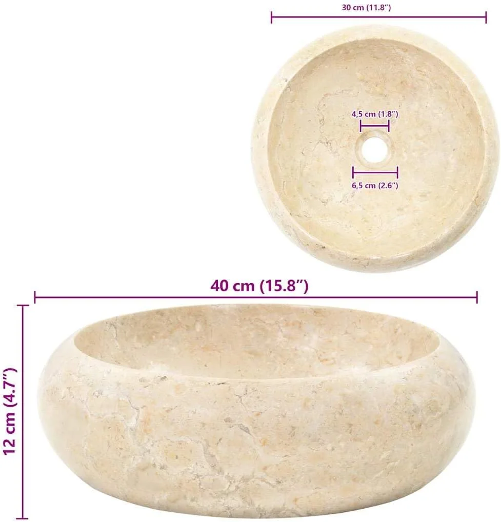 روشویی گرد vidaXL، کاربرپسند، مناسب فضای زندگی، کاسه روشویی حمام، بادوام، شیک، تزئینی، 40x12 سانتی متر، سنگ مرمر طبیعی، کرم