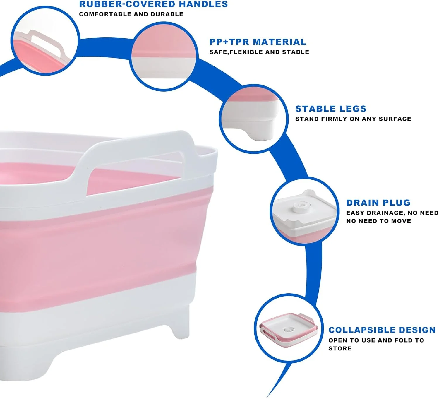 لگن تاشو ظرفشویی 9 لیتری، سینک تاشو آشپزخانه با درپوش تخلیه، لگن شستشو برای ظروف، میوه ها، بطری ها، صرفه جویی در فضا برای RV، کمپینگ و لباسشویی (صورتی)