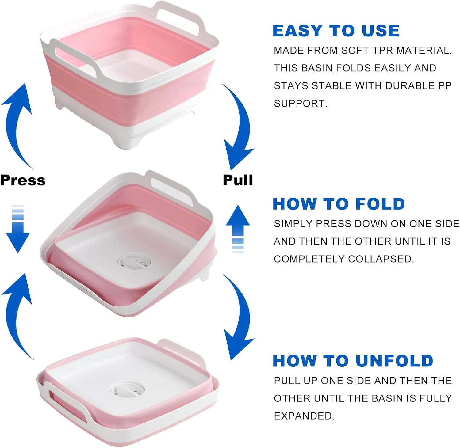 لگن تاشو ظرفشویی 9 لیتری، سینک تاشو آشپزخانه با درپوش تخلیه، لگن شستشو برای ظروف، میوه ها، بطری ها، صرفه جویی در فضا برای RV، کمپینگ و لباسشویی (صورتی)