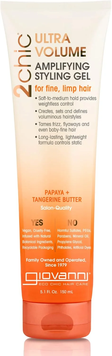 ژل حالت دهنده مو حجم دهنده GIOVANNI 2chic Ultra-Volume، 150 میلی لیتر - فرمول حجم دهنده روزانه با کره پاپایا و نارنگی، کنترل بدون سنگینی را برای موهای نازک/کم پشت افزایش می دهد، بدون پارابن، محافظ رنگ مو