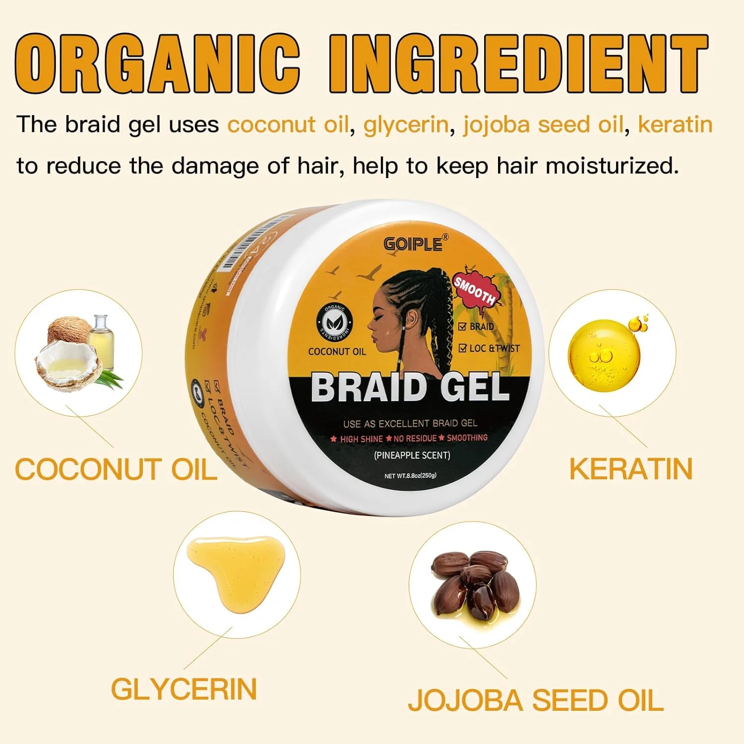 ژل بافت مو Goiple با قدرت نگهدارندگی قوی، مناسب برای پیچ، بافت آفریقایی، لبه های مو، بدون پوسته، براق کننده و حالت دهنده مو به همراه شانه مو، 250 گرم