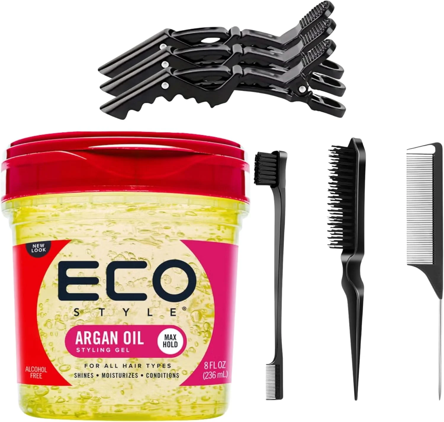 مجموعه حالت دهنده مو: ژل حالت دهنده روغن آرگان مراکشی EcoStyle 236 میلی لیتر، 3 عدد گیره موی سوسماری، ست برس موی حرفه ای 3 تکه