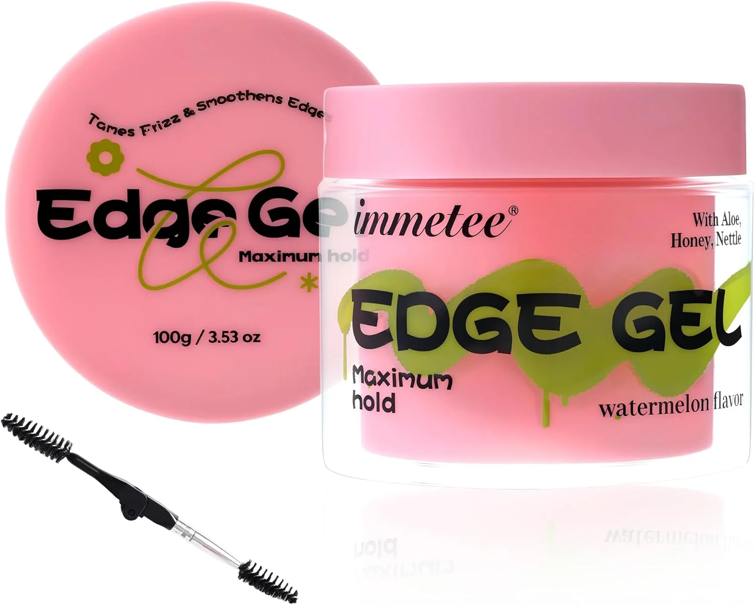 ژل حالت دهنده مو ایمتی، ژل قوی برای کنترل وز مو به همراه برس مخصوص، درخشان کننده و از بین برنده موخوره، با رایحه هندوانه 100 گرمی