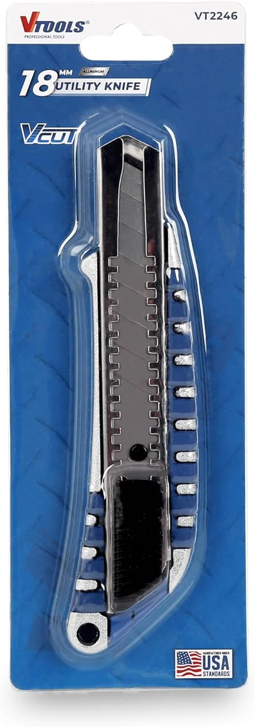 کاتر 18 میلی‌متری VTOOLS، جمع‌شونده، تیغه‌های جداشونده، مقاوم، جمع و جور، چند منظوره، بسیار تیز، قفل ایمنی، دسته ارگونومیک، خاکستری، VT2246
