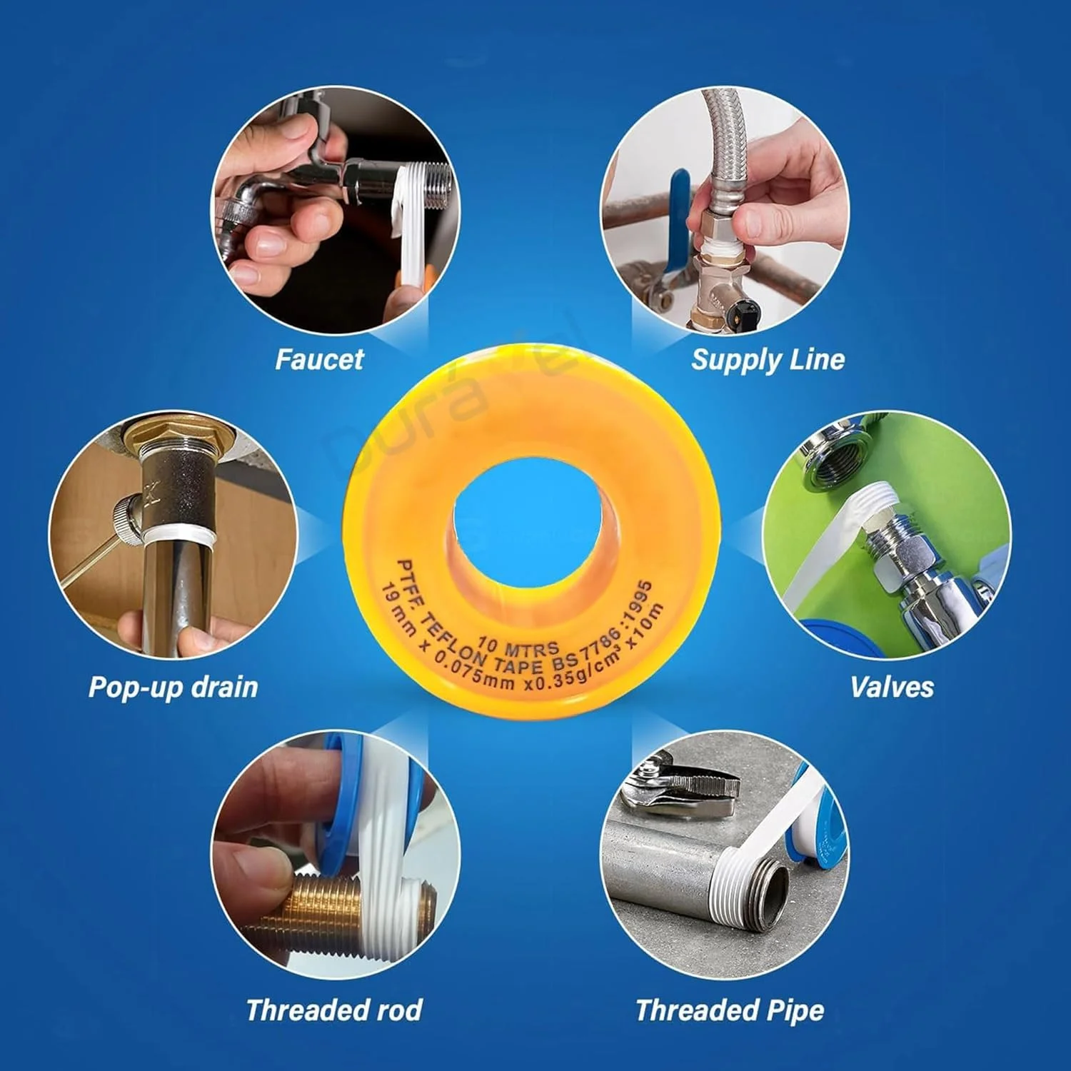 نوار تفلون، نوارهای آب بندی رزوه، نوار آب بندی رزوه PTFE برای لوله کش ها، نوار آب بندی برای لوله های آب با رزوه 19 میلی متری (1 عدد، سفید)