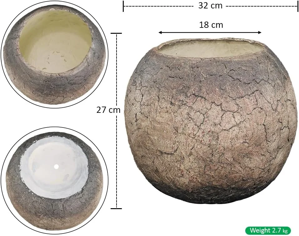 گلدان گیاه یاتای، گلدان بتنی با بافت ترک خورده و ظاهر سنگی بادوام با سوراخ زهکشی، گلدان های مقاوم در برابر آب و هوا، گلدان گل سرپوشیده و روباز برای دفتر کار منزل، پاسیو، بالکن (32X27)