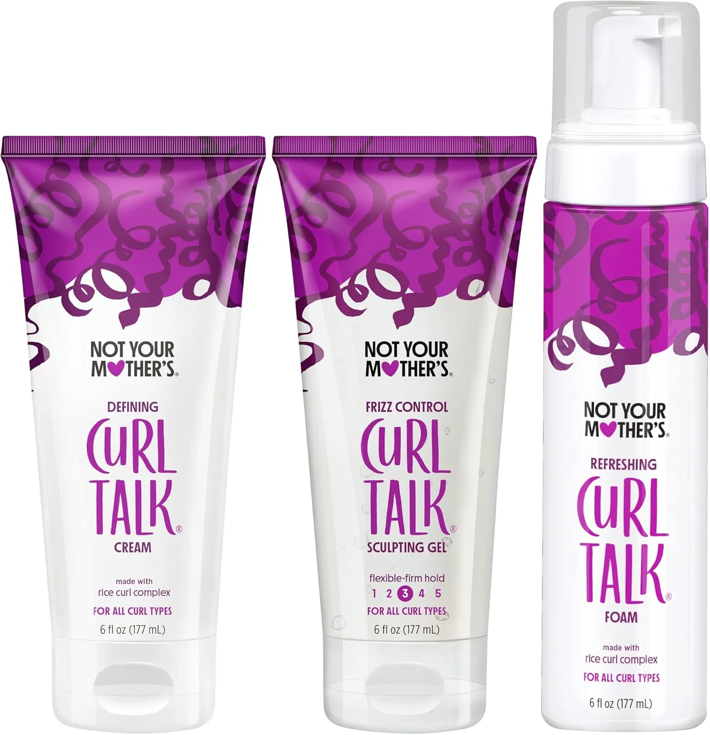 مجموعه سه تایی ژل حالت دهنده، کرم حالت دهنده و فوم طراوت بخش موهای فر نات یور مادرز (هر کدام 177 میلی لیتر) - فرموله شده با کمپلکس فر برنج - مناسب برای انواع موهای فر