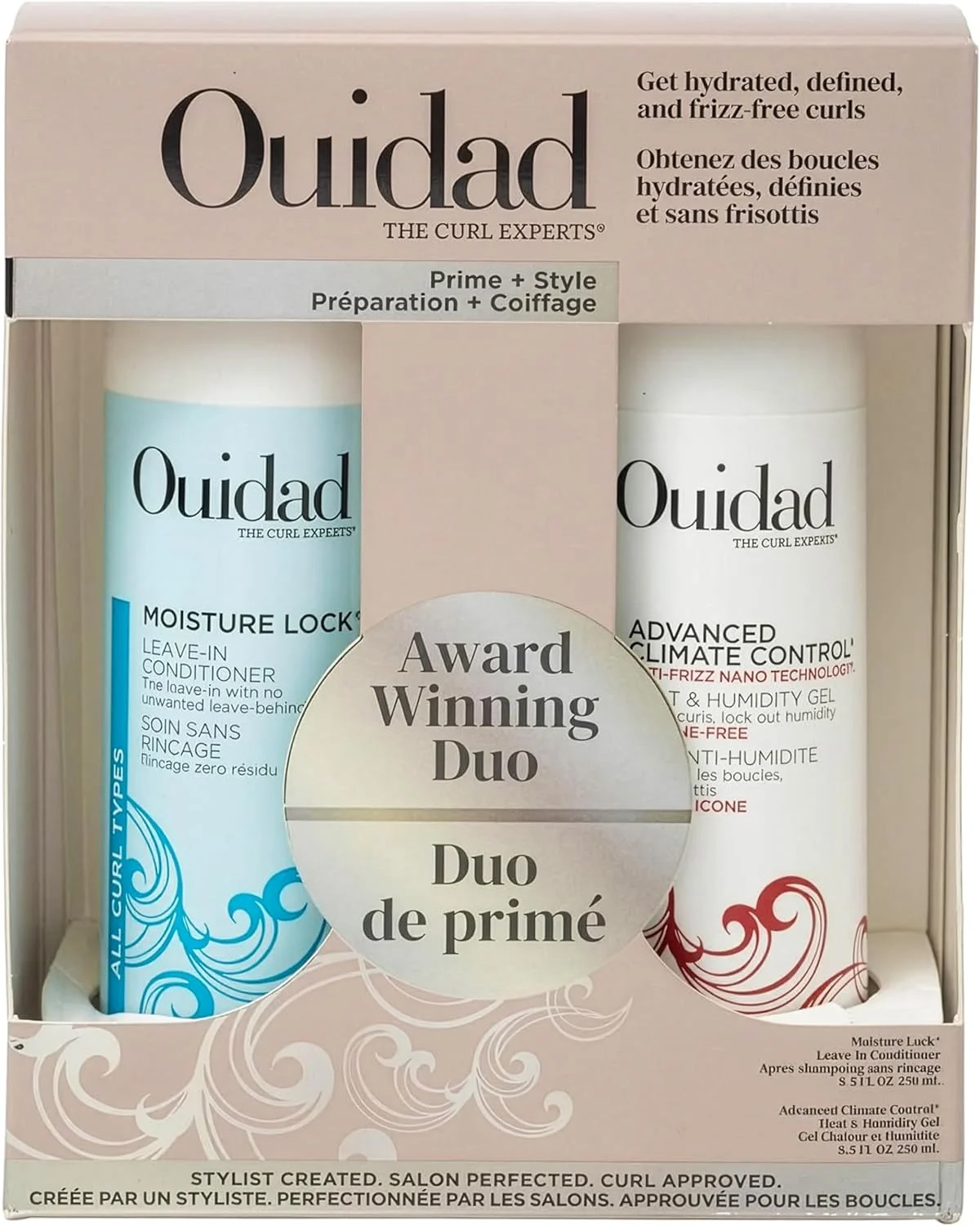 ست حالت دهنده موی فر Ouidad Advanced Climate Control شامل ژل و نرم کننده مو، 250 میل، حالت دهنده، ماندگاری طولانی و ضد وز، بدون سولفات، پارابن و تست حیوانی