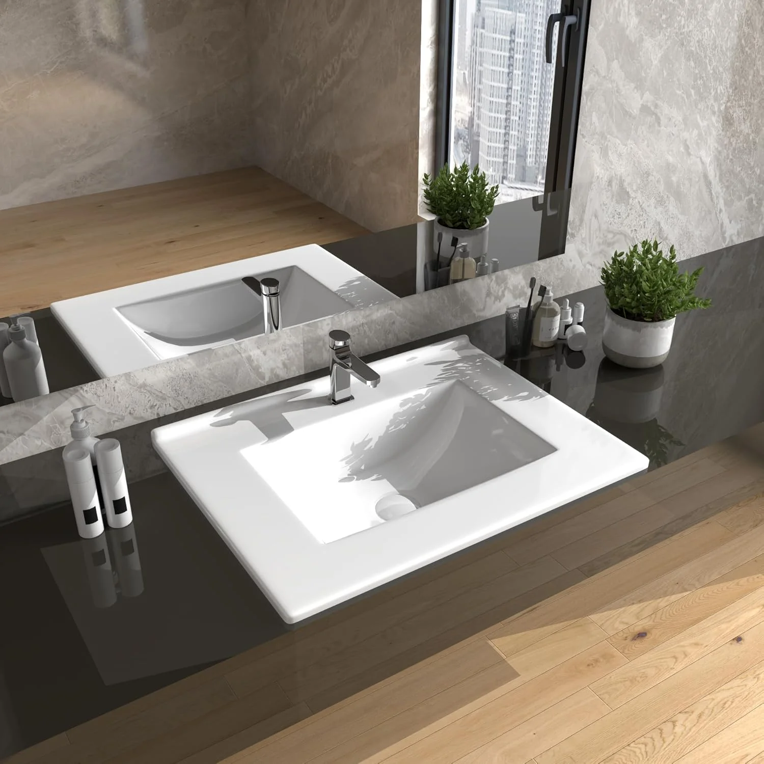 روشویی سرامیکی نیمه روکار/زیر روکابینتی، روکش براق/سینک دستشویی زیر روکابینتی/ مناسب برای حمام، 61x47x25 سانتی متر (سفید)