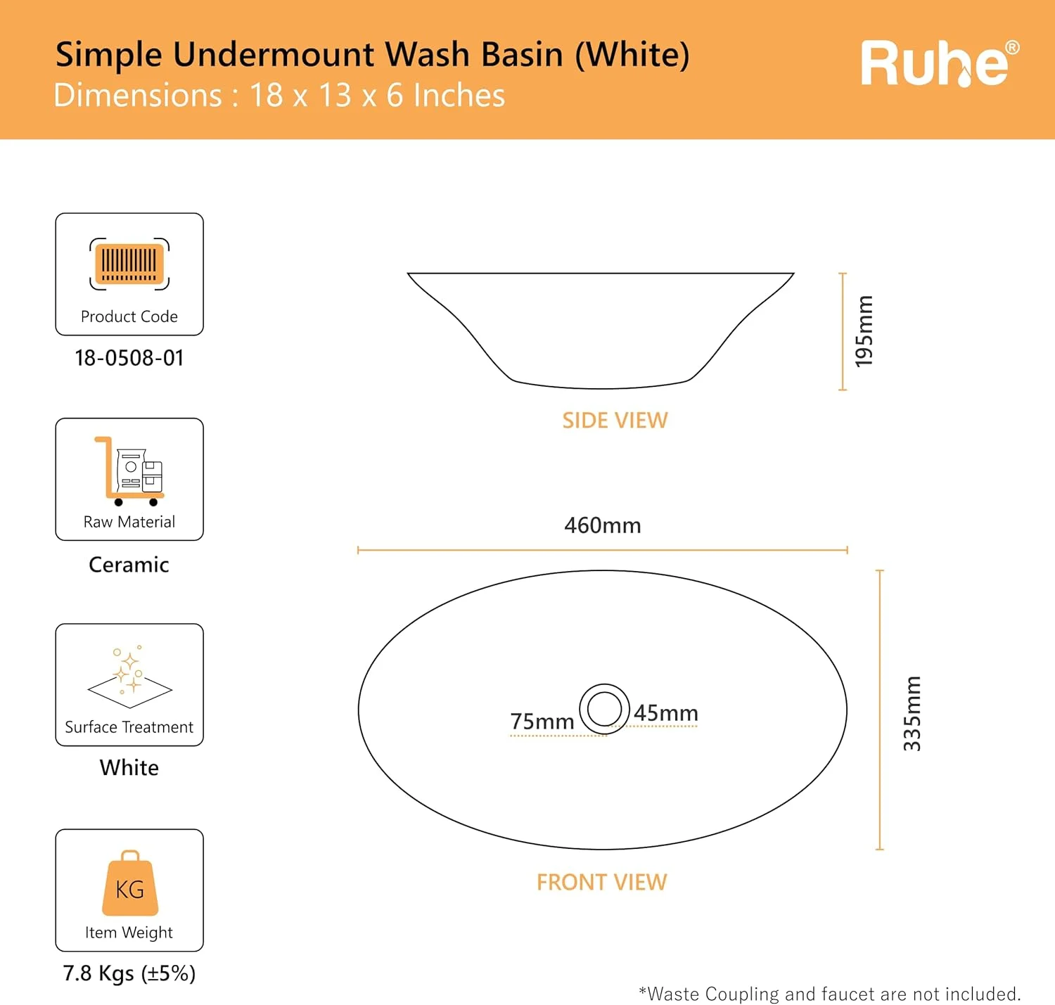 روشویی زیرصفحه‌ای ساده روهه، 45x33x20 سانتی‌متر، سفید براق، سرامیک ضد خش، سطح آسان تمیز شونده، روشویی مدرن بیضی شکل