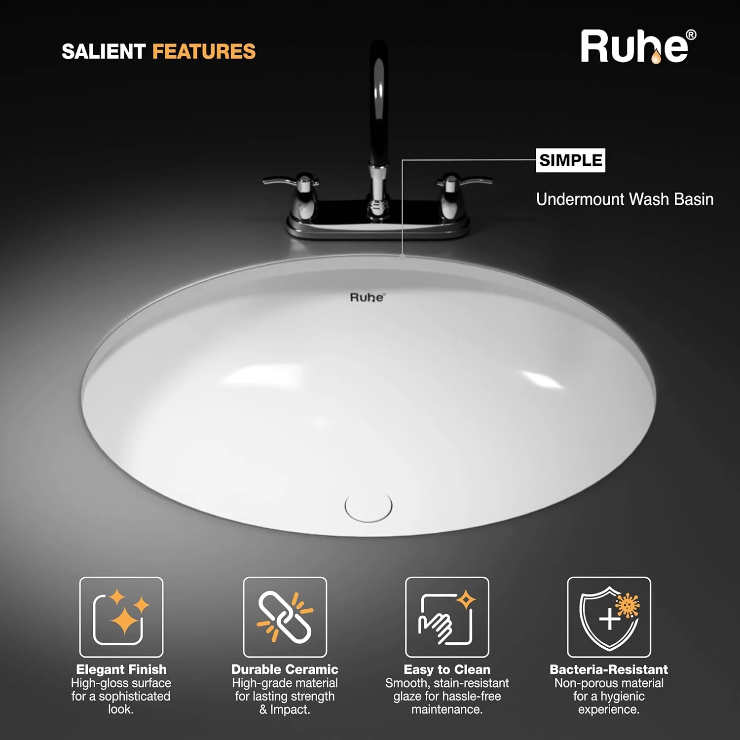 روشویی زیرصفحه‌ای ساده روهه، 45x33x20 سانتی‌متر، سفید براق، سرامیک ضد خش، سطح آسان تمیز شونده، روشویی مدرن بیضی شکل