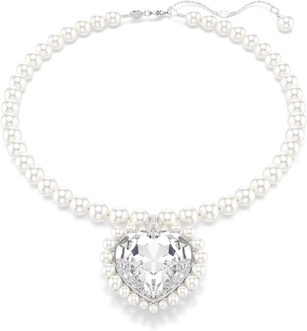 مجموعه آریانا گرانده، کریستال شفاف و مروارید، روکش رودیوم، بخشی از مجموعه جواهرات آریانا گرانده، گردنبند، گوشواره و دستبند