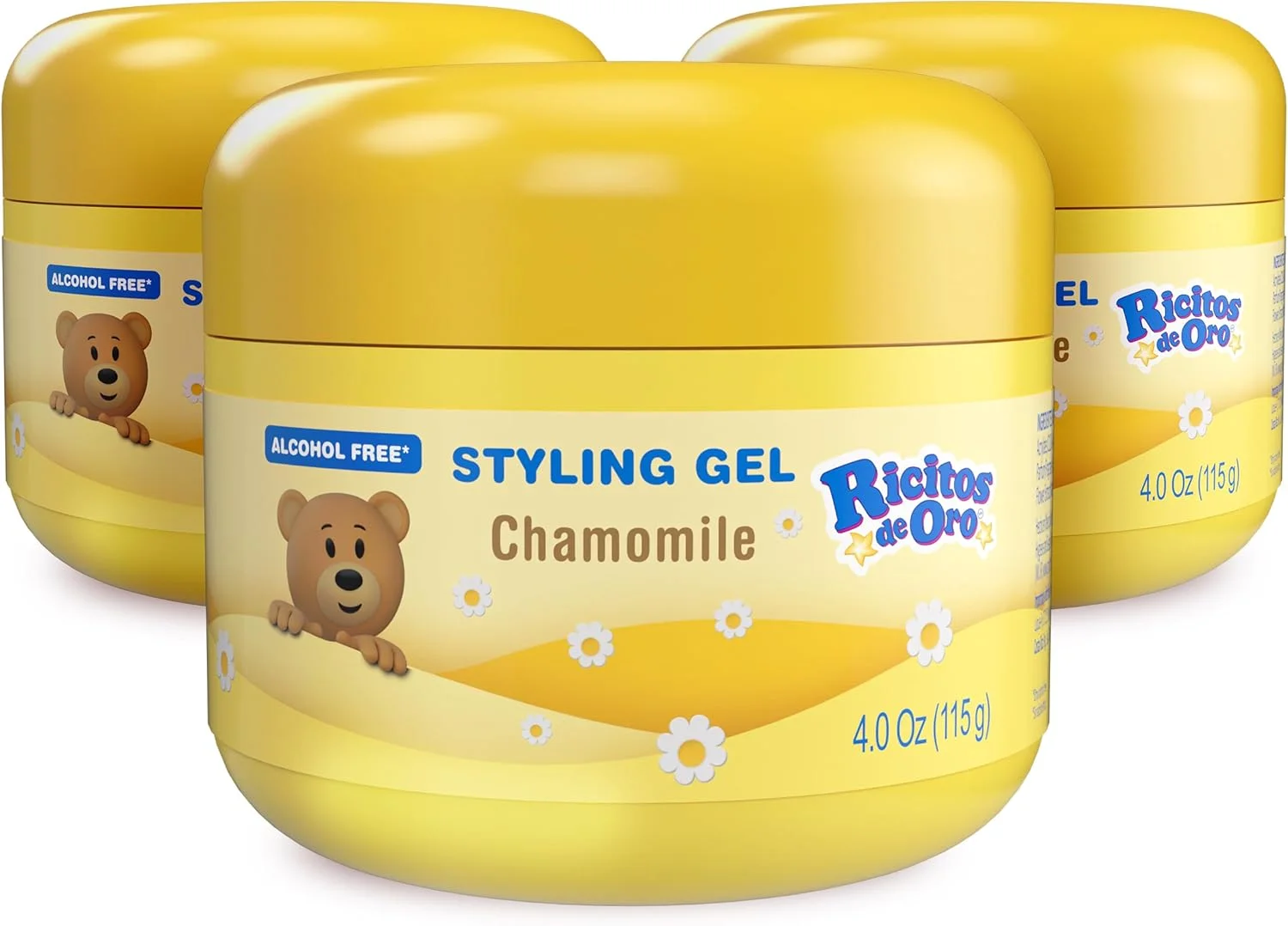 ژل موی بابونه Ricitos de Oro، بدون الکل، محصول حالت دهنده مو برای استفاده روزانه، ژل ملایم با عصاره بابونه برای کودکان، غیر چرب، بسته 3 عددی 120 میلی لیتری