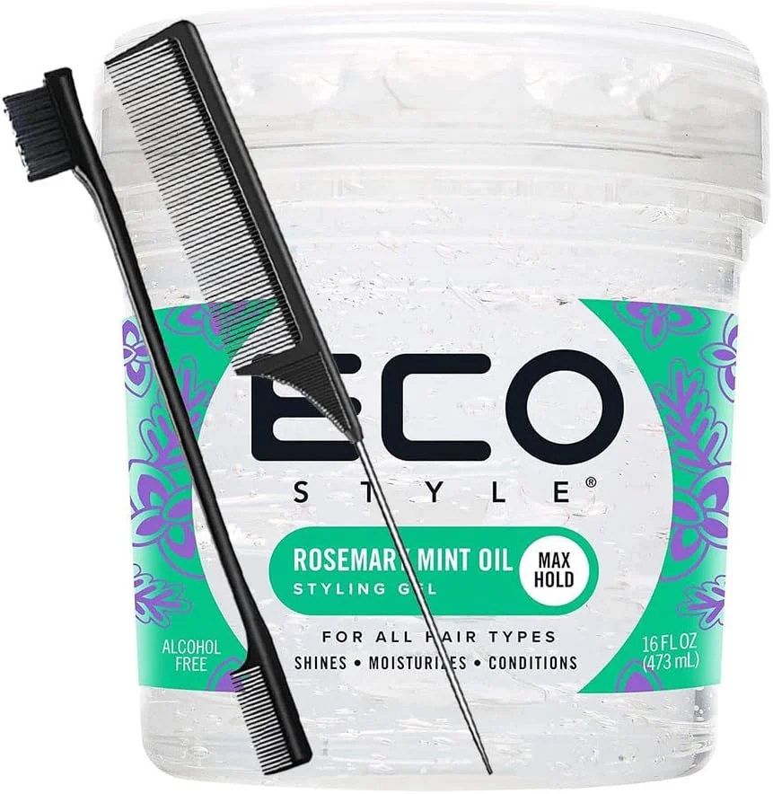 ژل حالت دهنده مو روغن رزماری و نعناع اکو استایل 473 میلی لیتر به همراه شانه دم باریک و برس لبه مو، احیا کننده رطوبت، تقویت کننده سلامت پوست سر، نگهدارندگی و درخشش فوق العاده، محرک