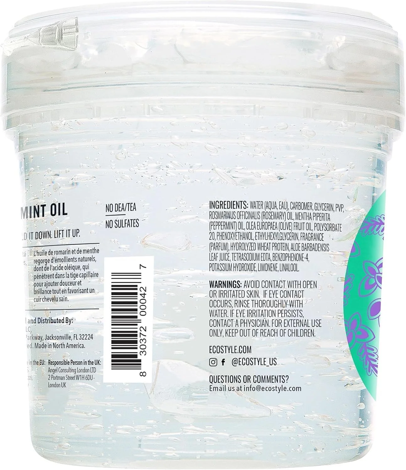 ژل حالت دهنده مو روغن رزماری و نعناع اکو استایل 473 میلی لیتر به همراه شانه دم باریک و برس لبه مو، احیا کننده رطوبت، تقویت کننده سلامت پوست سر، نگهدارندگی و درخشش فوق العاده، محرک