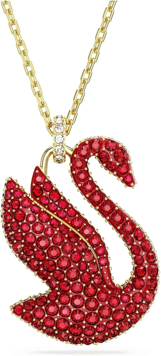 آویز گردنبند زنانه سواروسکی طرح قو، روکش طلایی، سایز متوسط، قرمز