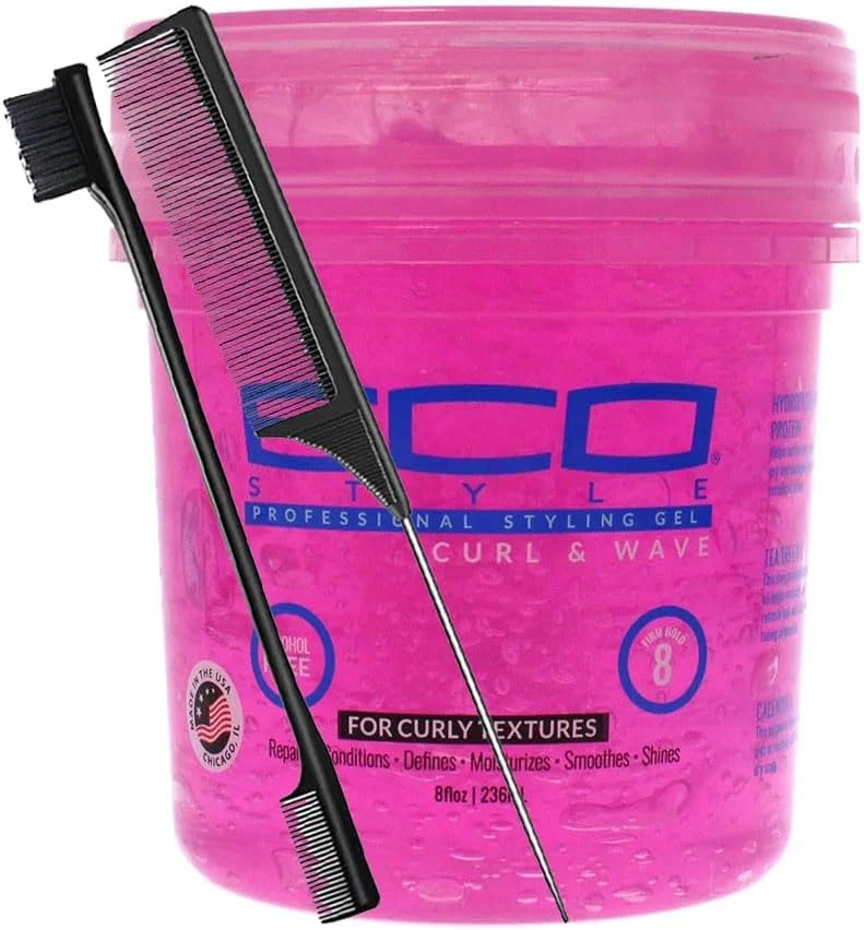 ژل حالت دهنده موی فر و موج اکو استایل، 226 گرم، به همراه شانه دم باریک و برس لبه مو، حالت دهی قوی و درخشان کننده، تقویت کننده فر و موج مو، بدون الکل، مرطوب کننده و بدون ایجاد پوسته