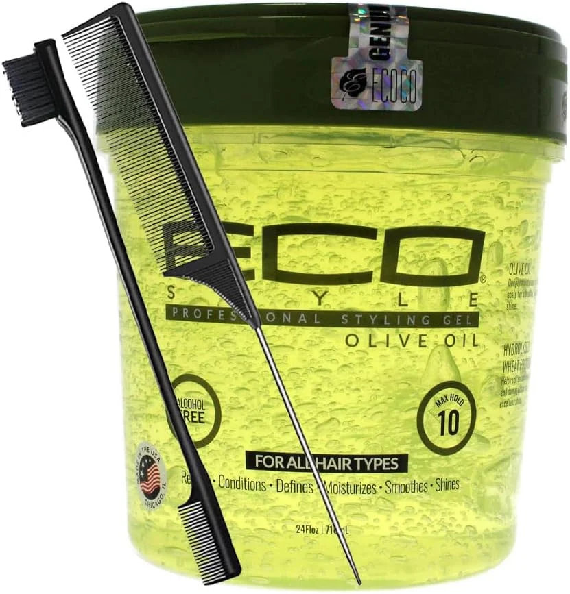 ژل حالت دهنده مو روغن زیتون اکو استایل 680.4 گرم به همراه شانه دم باریک و برس لبه مو - حداکثر نگهداری | حفظ رطوبت | درخشش بالا | تغذیه و ترمیم | تقویت کننده فر مو