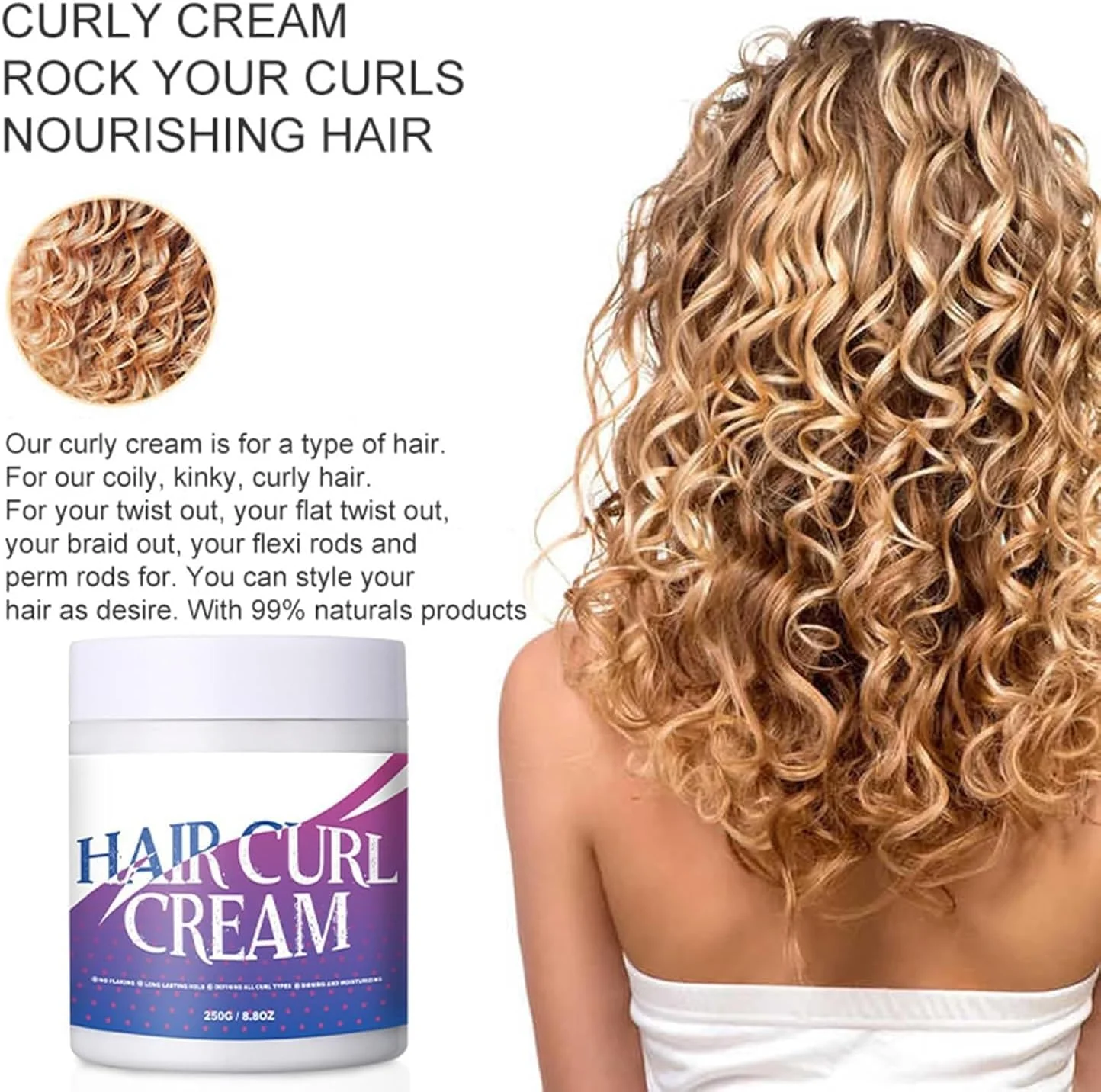 کرم حالت دهنده موی فر آزونی، کرم باز کننده گره موی فر، کرم حالت دهنده مو، کرم فعال کننده فر مرطوب کننده و ضد وز برای انواع مو (260 میلی لیتر)