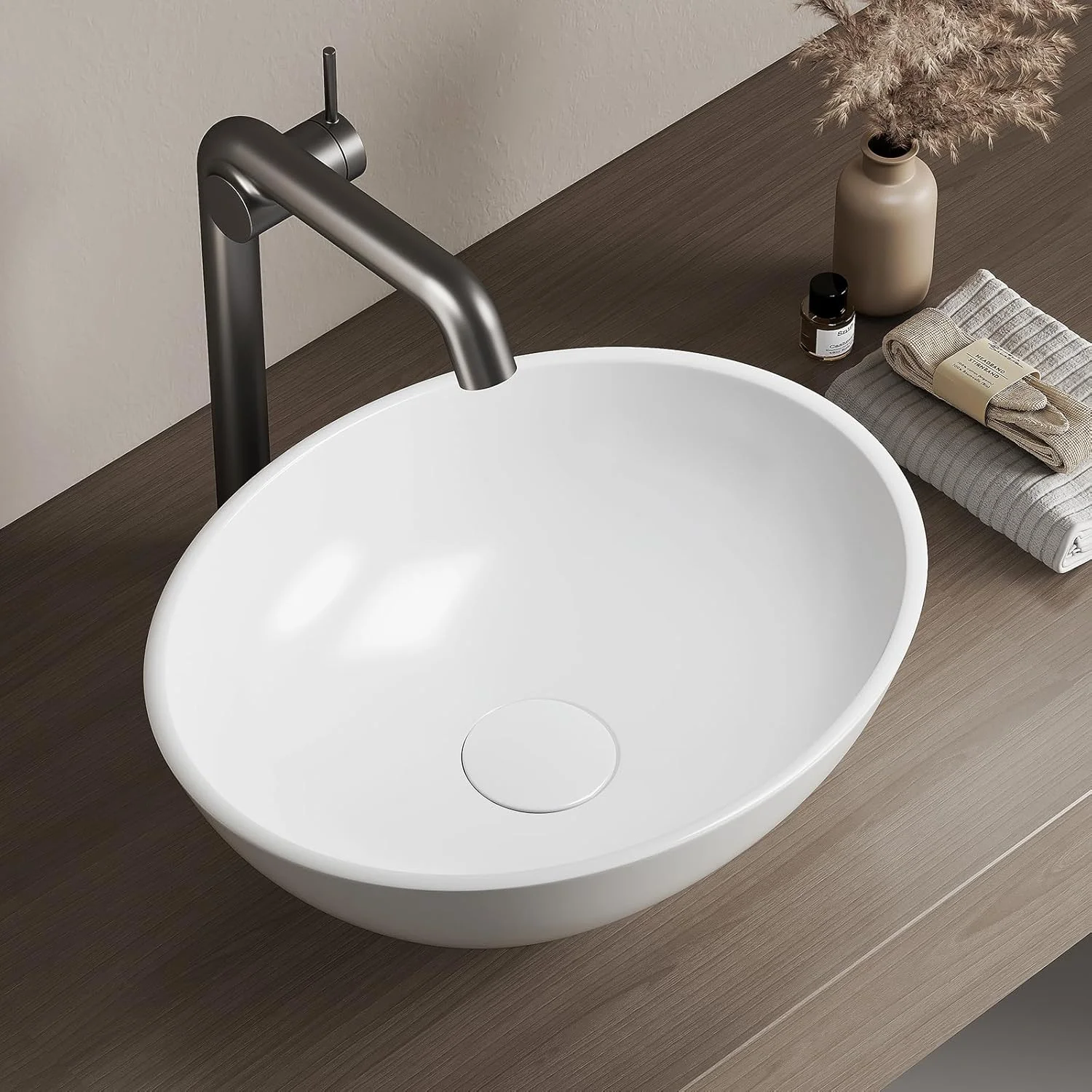 روشویی بیضی شکل EMKE برای نصب روکار، 41.5 × 33.5 × 13 سانتی متر، سینک سرامیکی برای حمام و سرویس بهداشتی مهمان، سینک سفید