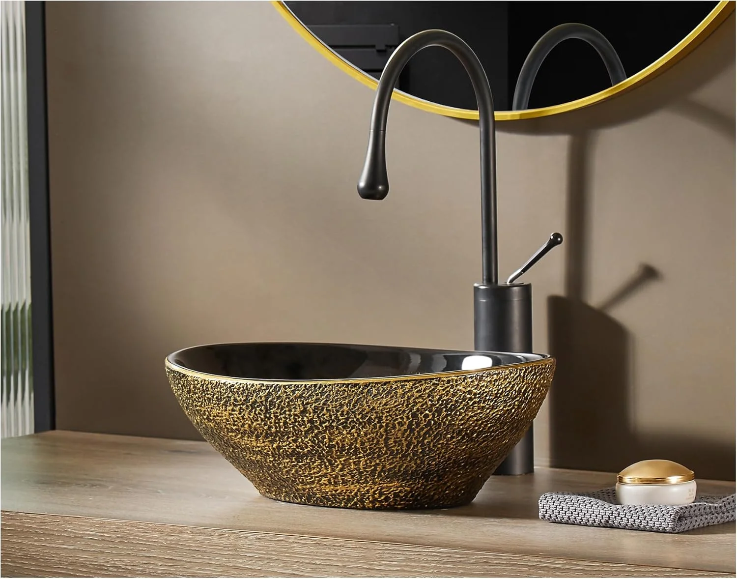 روشویی بیضی شکل طرح تخم مرغی MEJE، طرح عتیقه، کاسه روشویی روکار، طلایی وینتیج، 40x33 سانتی متر