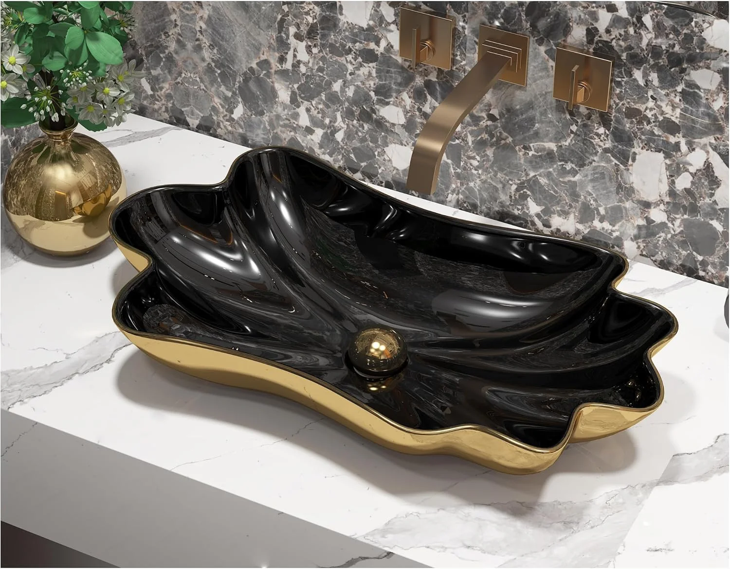 روشویی سرامیکی طرح برگ لوتوس MEJE، ابعاد 62x33 سانتی متر - کاسه روشویی روکار، تخلیه اتوماتیک طلایی PVD، بدون سرریز، نصب آسان 5 دقیقه ای، مناسب برای حمام لوکس در امارات