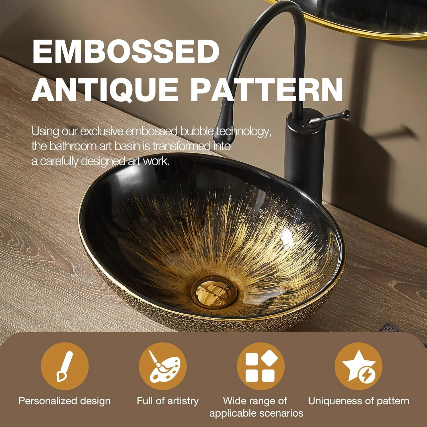 روشویی بیضی شکل طرح تخم مرغی MEJE، طرح عتیقه، کاسه روشویی روکار، طلایی وینتیج، 40x33 سانتی متر