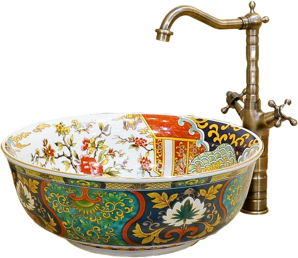 سینک روشویی سرامیکی لوکس، رنگ سبز، چینی هنری، گرد، رویه روشویی با طرح گل و پرنده، فقط 1 سینک