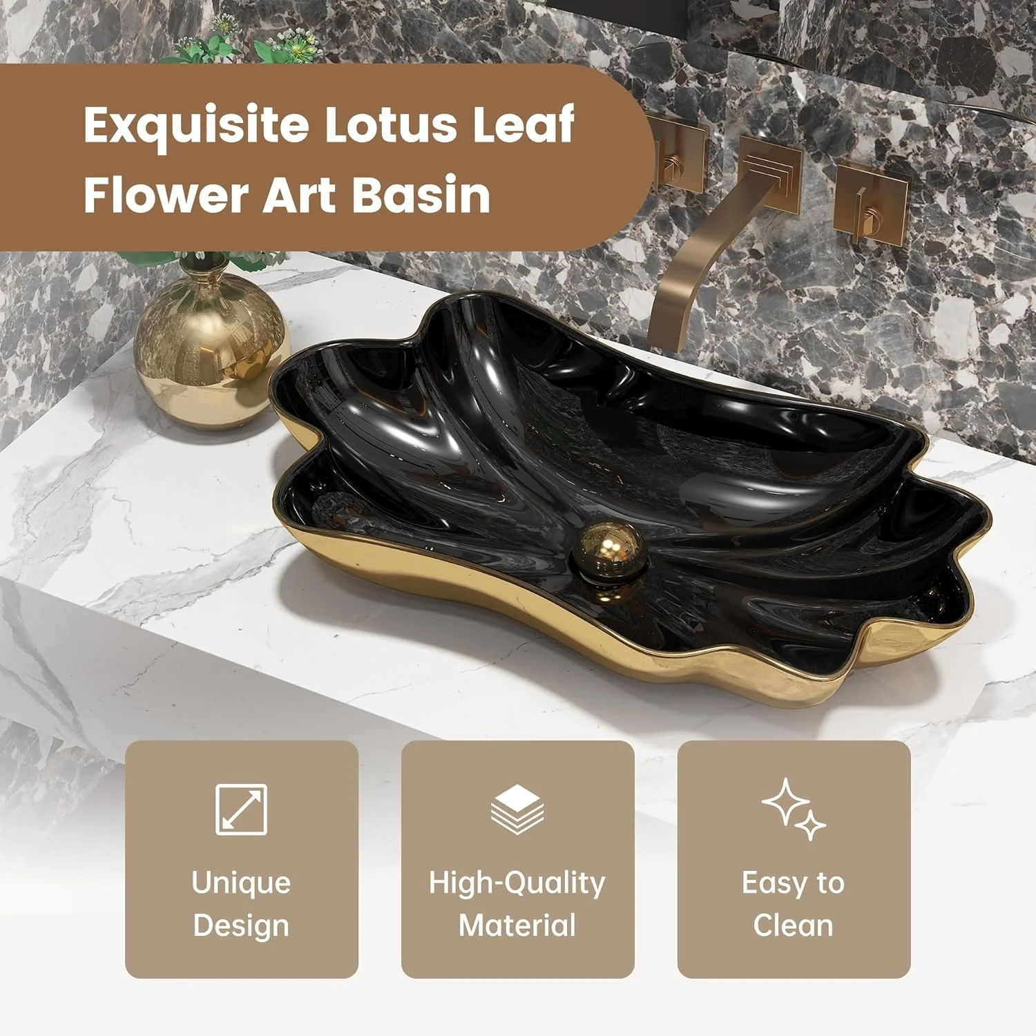 روشویی سرامیکی طرح برگ لوتوس MEJE، ابعاد 62x33 سانتی متر - کاسه روشویی روکار، تخلیه اتوماتیک طلایی PVD، بدون سرریز، نصب آسان 5 دقیقه ای، مناسب برای حمام لوکس در امارات