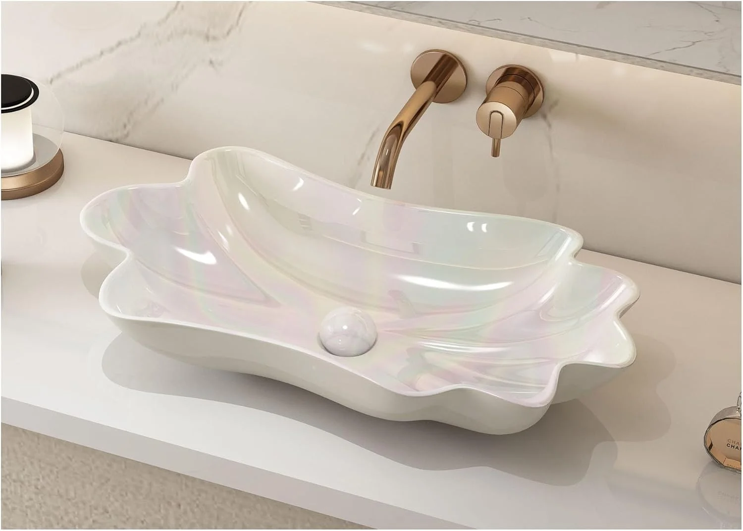 روشویی کاسه ای 24 اینچی MEJE با طراحی منحصر به فرد گل نیلوفر آبی، روشویی سرامیکی چینی روکار، کاسه هنری، رنگ لعاب مرواریدی (شامل تخلیه پاپ آپ)