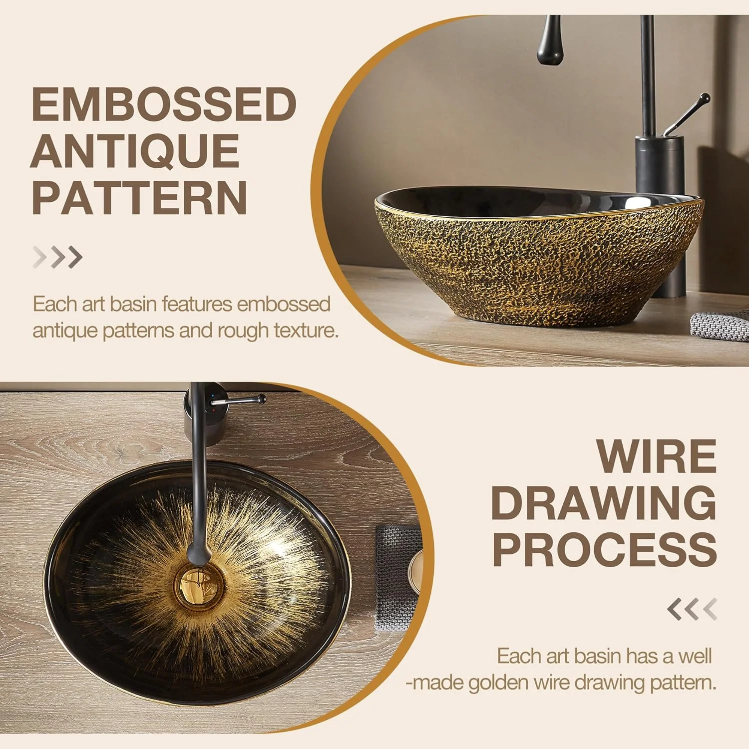 روشویی بیضی شکل طرح تخم مرغی MEJE، طرح عتیقه، کاسه روشویی روکار، طلایی وینتیج، 40x33 سانتی متر