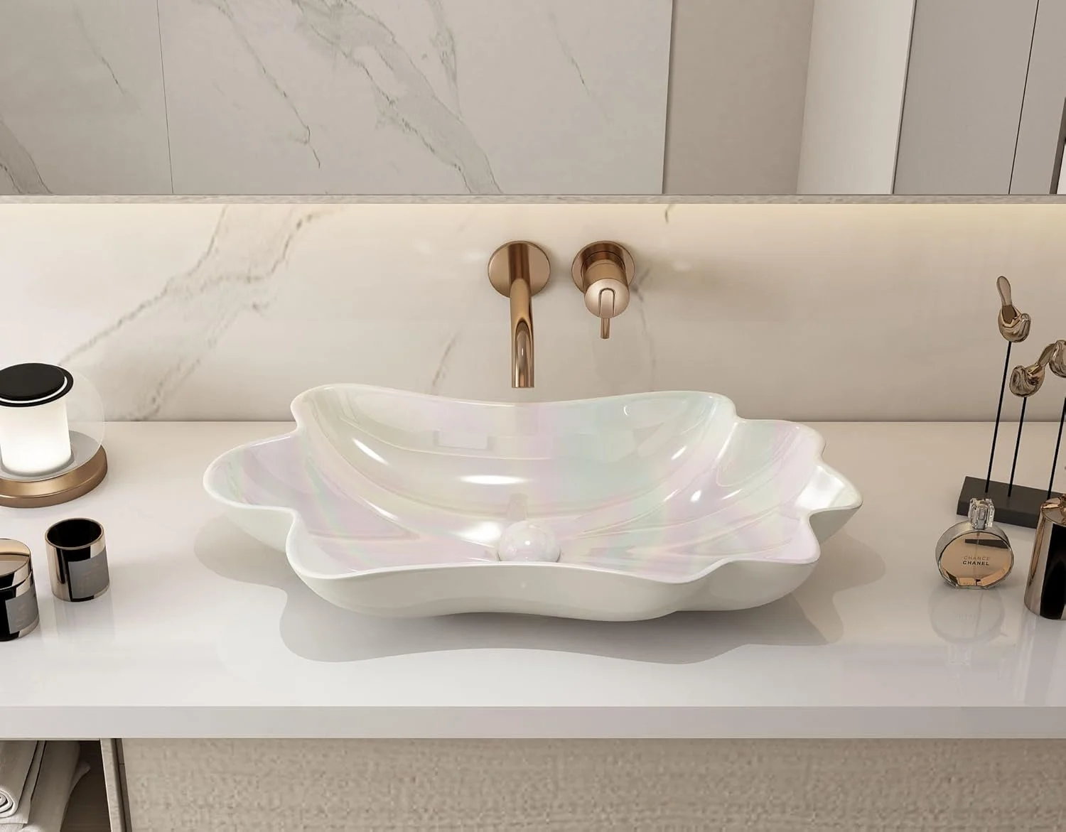 روشویی کاسه ای 24 اینچی MEJE با طراحی منحصر به فرد گل نیلوفر آبی، روشویی سرامیکی چینی روکار، کاسه هنری، رنگ لعاب مرواریدی (شامل تخلیه پاپ آپ)