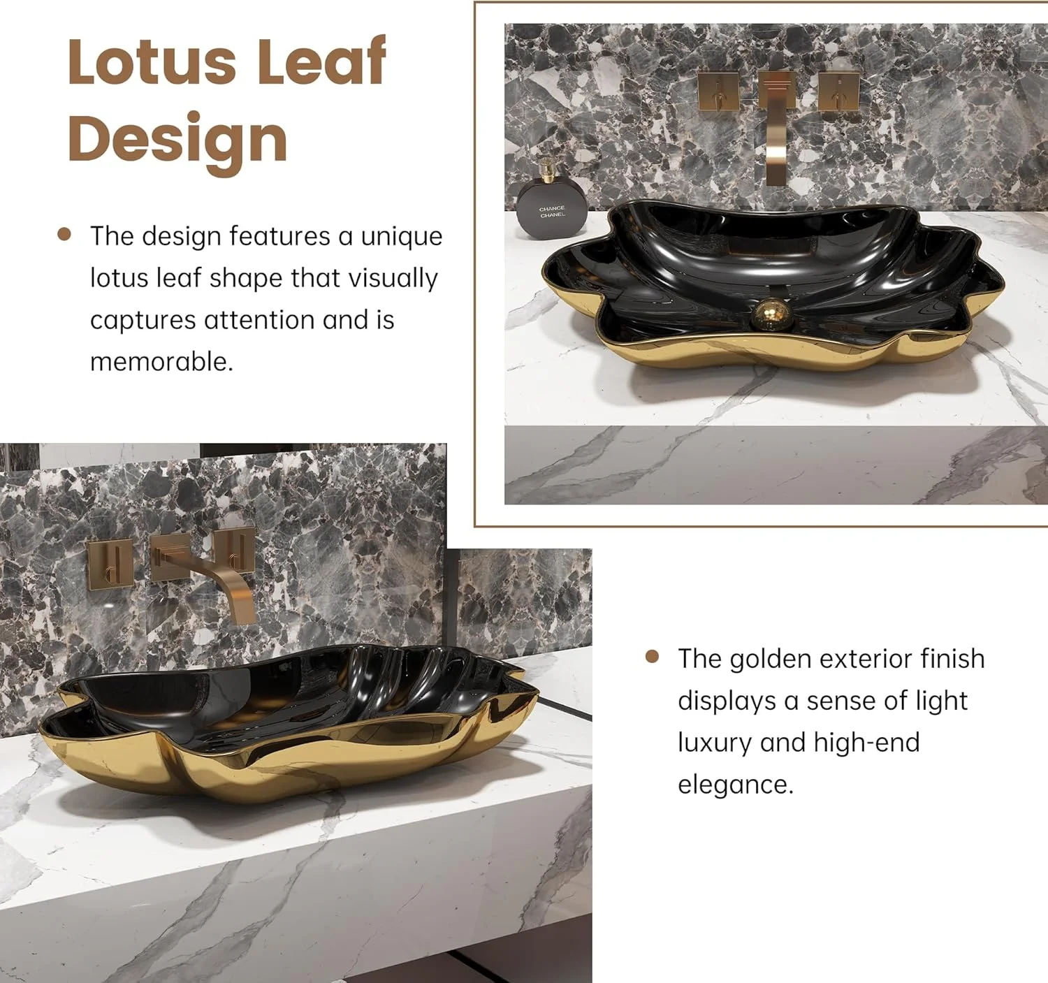 روشویی سرامیکی طرح برگ لوتوس MEJE، ابعاد 62x33 سانتی متر - کاسه روشویی روکار، تخلیه اتوماتیک طلایی PVD، بدون سرریز، نصب آسان 5 دقیقه ای، مناسب برای حمام لوکس در امارات