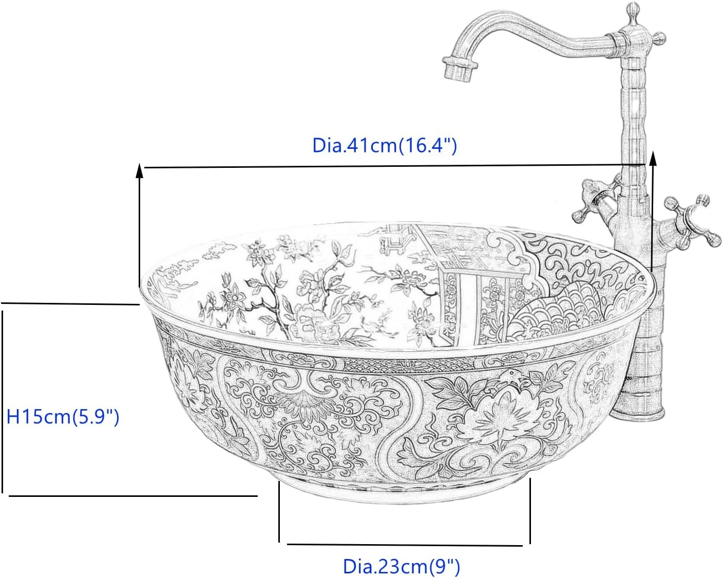 سینک روشویی سرامیکی لوکس، رنگ سبز، چینی هنری، گرد، رویه روشویی با طرح گل و پرنده، فقط 1 سینک