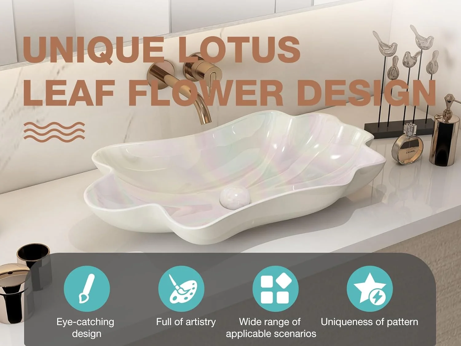 روشویی کاسه ای 24 اینچی MEJE با طراحی منحصر به فرد گل نیلوفر آبی، روشویی سرامیکی چینی روکار، کاسه هنری، رنگ لعاب مرواریدی (شامل تخلیه پاپ آپ)