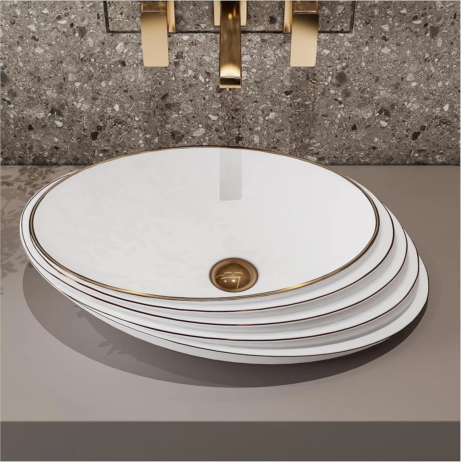 روشویی کاسه ای طلایی-صورتی MEJE | سینک سرامیکی رومیزی بیضی شکل 42x32 سانتی متر | بدون سرریز، تخلیه پاپ آپ | روشویی لوکس دبی بالای پیشخوان امارات