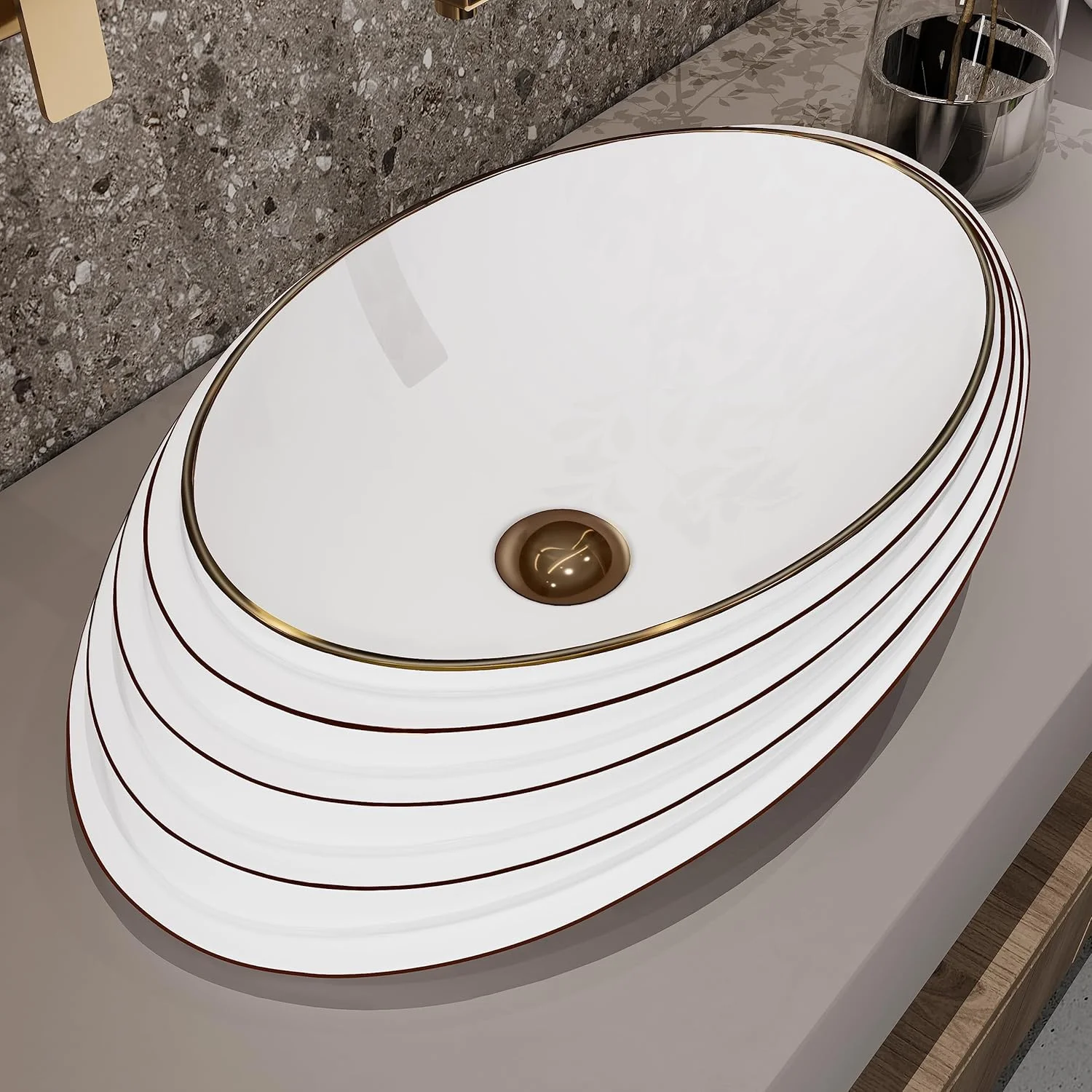 روشویی کاسه ای طلایی-صورتی MEJE | سینک سرامیکی رومیزی بیضی شکل 42x32 سانتی متر | بدون سرریز، تخلیه پاپ آپ | روشویی لوکس دبی بالای پیشخوان امارات